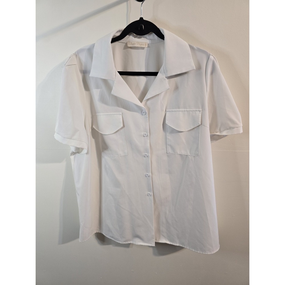 Belle Poque Blouse Womens 2XL‎ White Classic Collar Short Sleeve Button Front